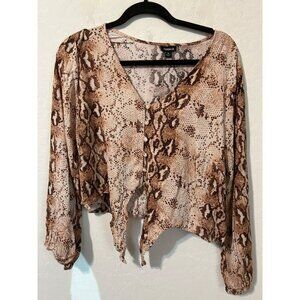 Torrid Sz 0 (US L 12) Brown Animal Print Tie Front Button Up Blouse